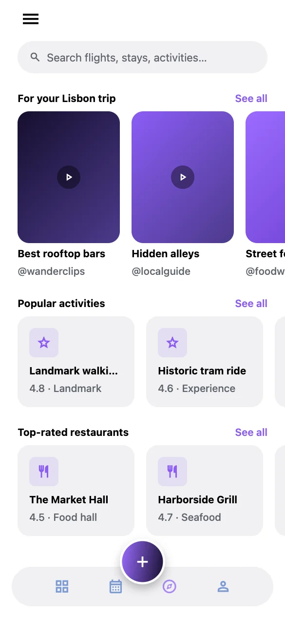 UTrippn explore screen with activities and restaurants
