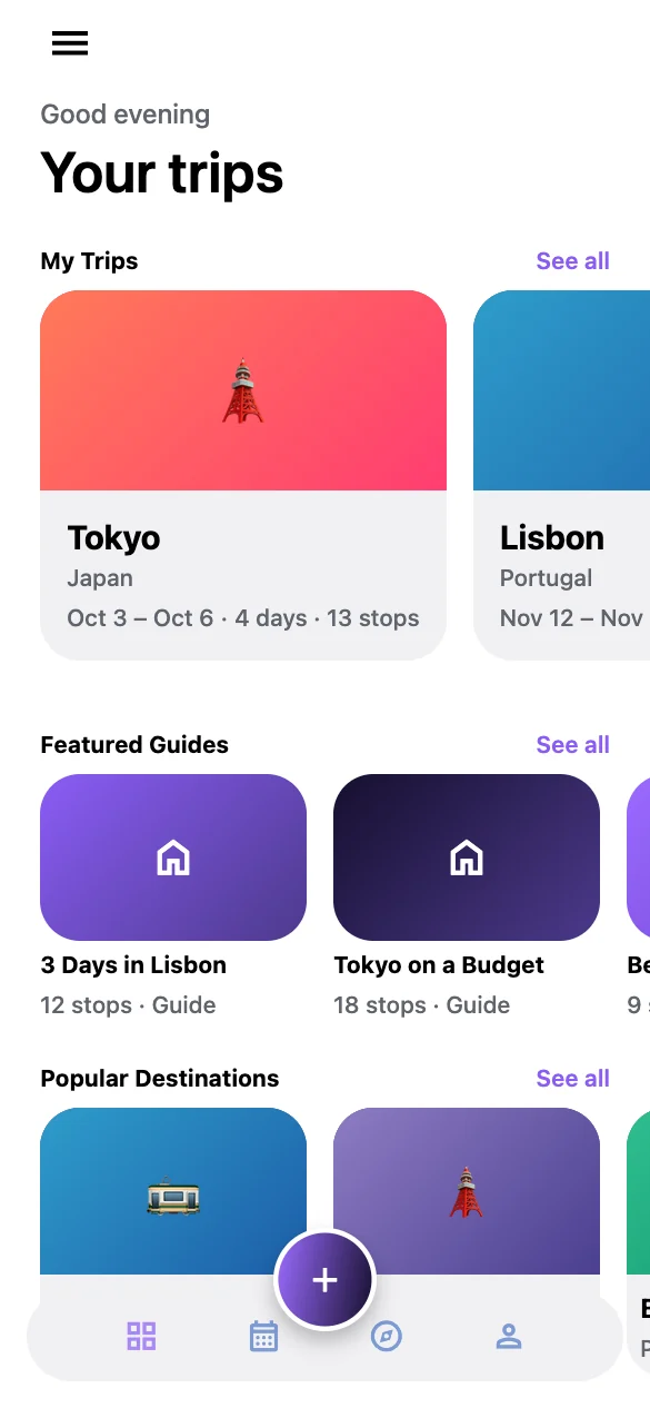 UTrippn home screen with your trips and featured guides